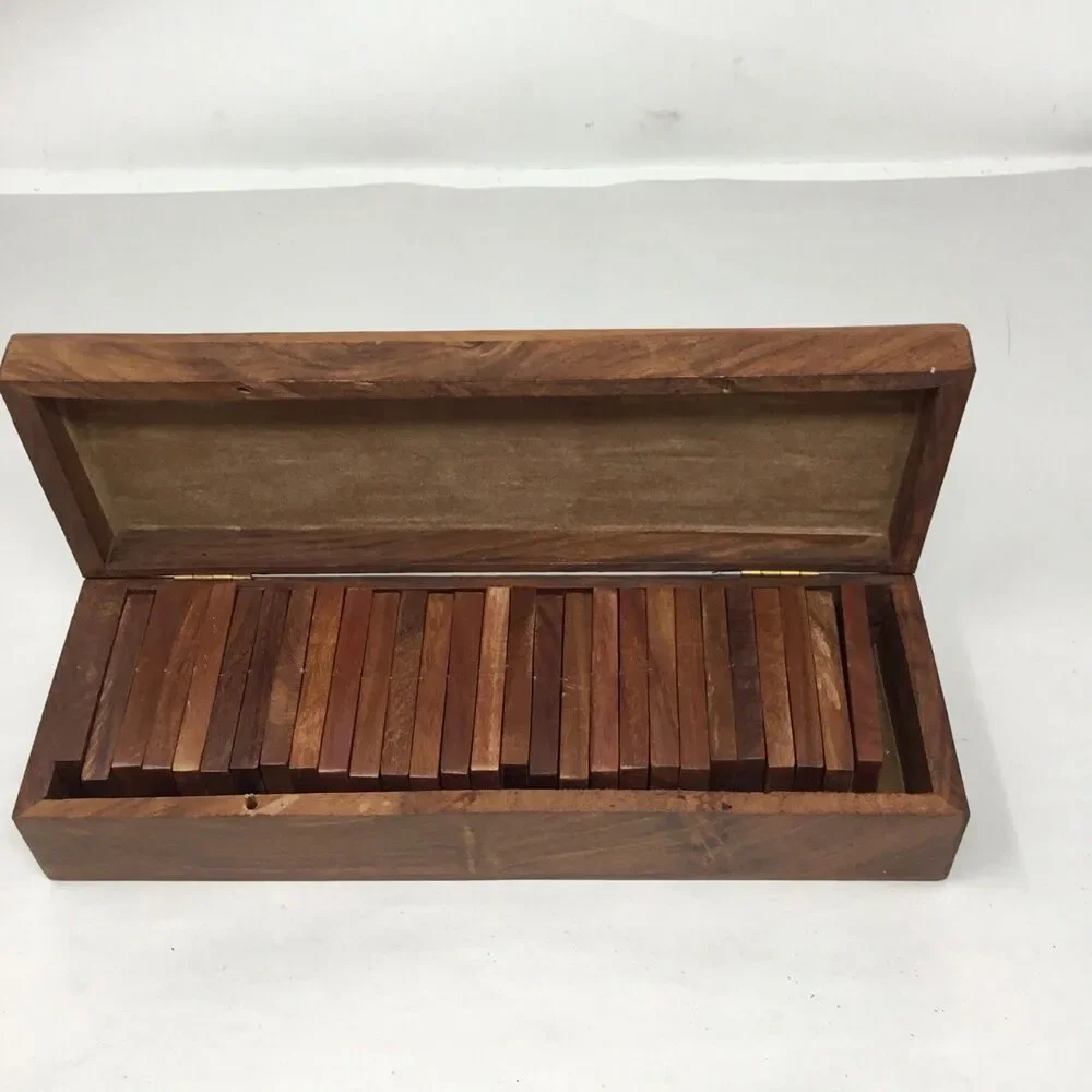 Vintage Wooden Domino Set Storage Box Wood with Brass Inlay Handcrafted 28 Piece